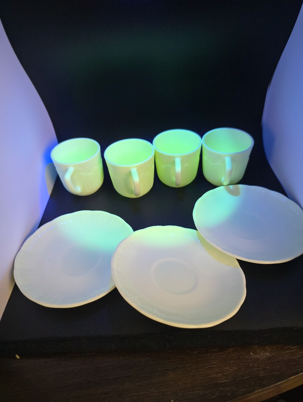Uranium White  Tea Cup and Saucer Set - 4 Cups, 3 Saucers